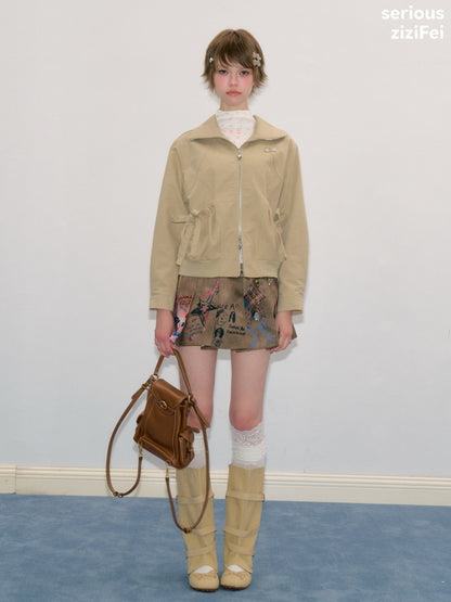 Vintage Khaki Cropped Slim Collar Workwear Jacket【s0000018425】