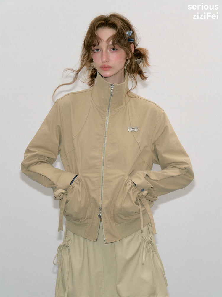 Vintage Khaki Cropped Slim Collar Workwear Jacket【s0000018425】