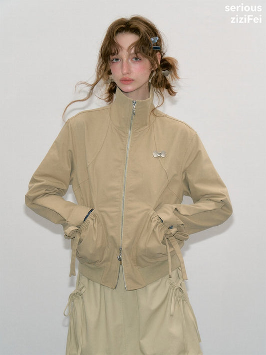Vintage Khaki Cropped Slim Collar Workwear Jacket【s0000018425】
