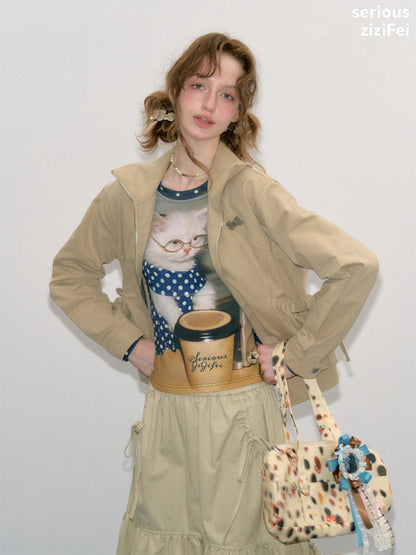 Vintage Khaki Cropped Slim Collar Workwear Jacket【s0000018425】