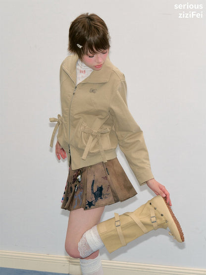 Vintage Khaki Cropped Slim Collar Workwear Jacket【s0000018425】