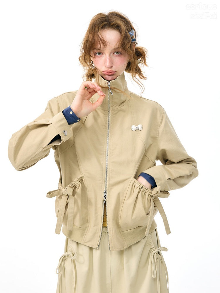 Vintage Khaki Cropped Slim Collar Workwear Jacket【s0000018425】