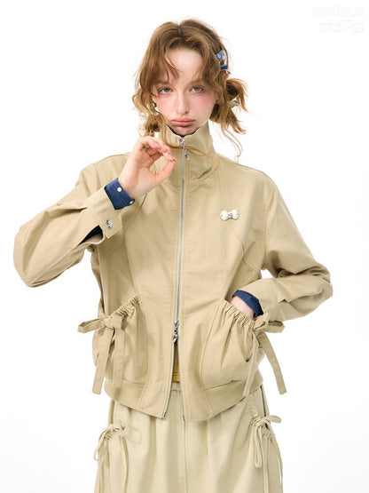 Vintage Khaki Cropped Slim Collar Workwear Jacket【s0000018425】