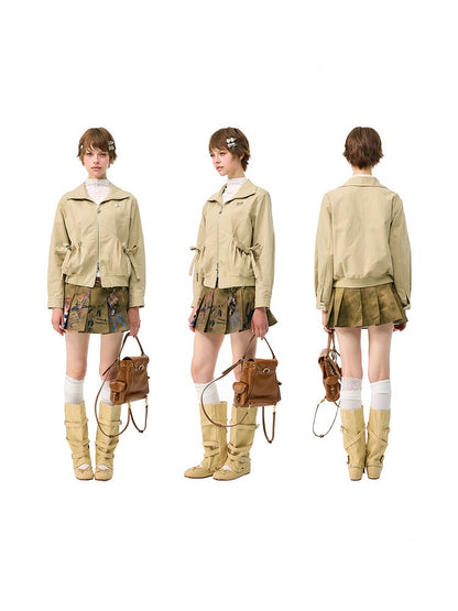 Vintage Khaki Cropped Slim Collar Workwear Jacket【s0000018425】