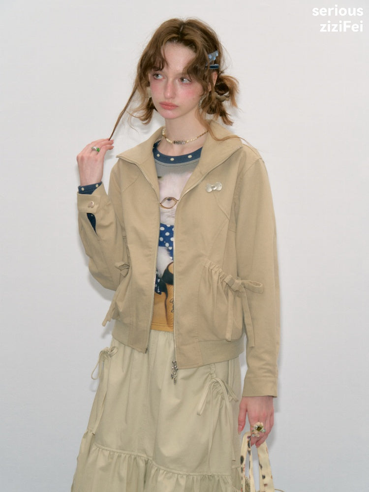 Vintage Khaki Cropped Slim Collar Workwear Jacket【s0000018425】