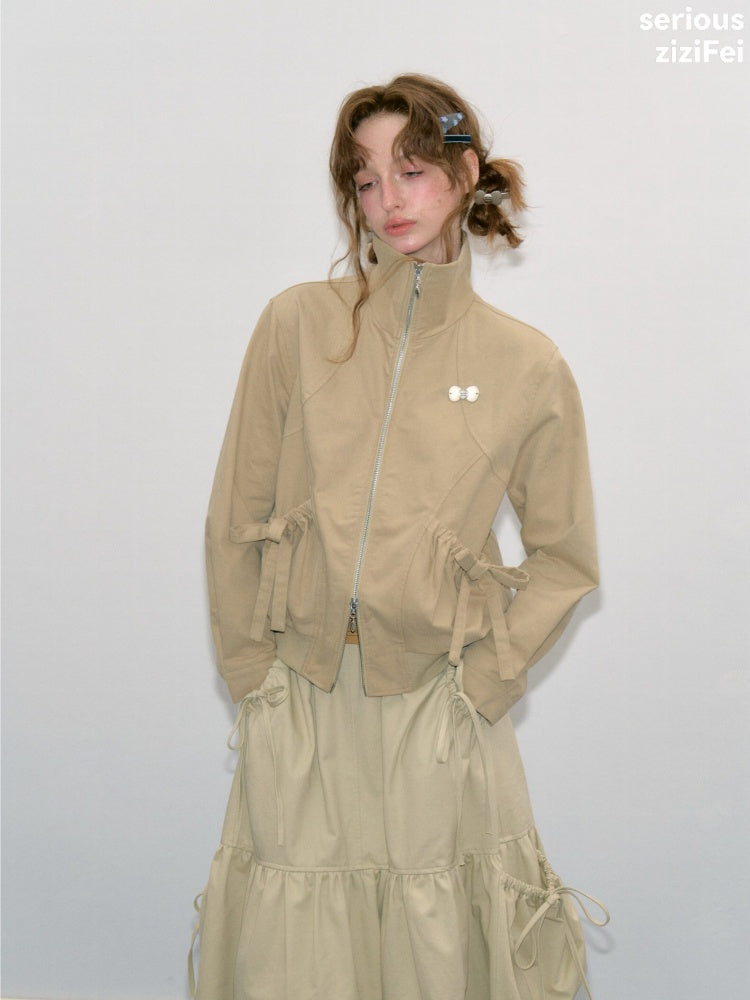 Vintage Khaki Cropped Slim Collar Workwear Jacket【s0000018425】