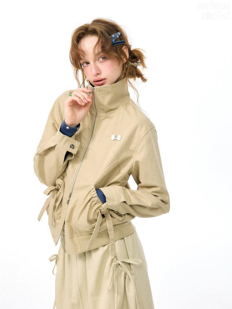 Vintage Khaki Cropped Slim Collar Workwear Jacket【s0000018425】