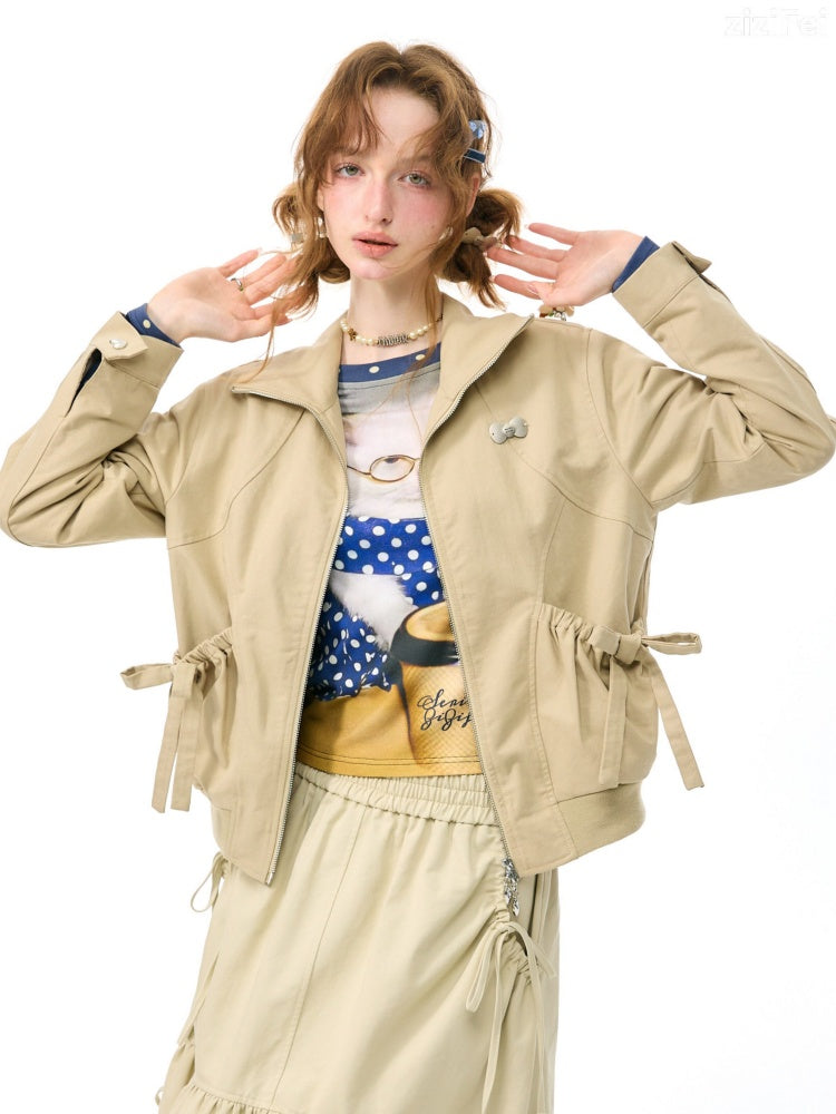 Vintage Khaki Cropped Slim Collar Workwear Jacket【s0000018425】