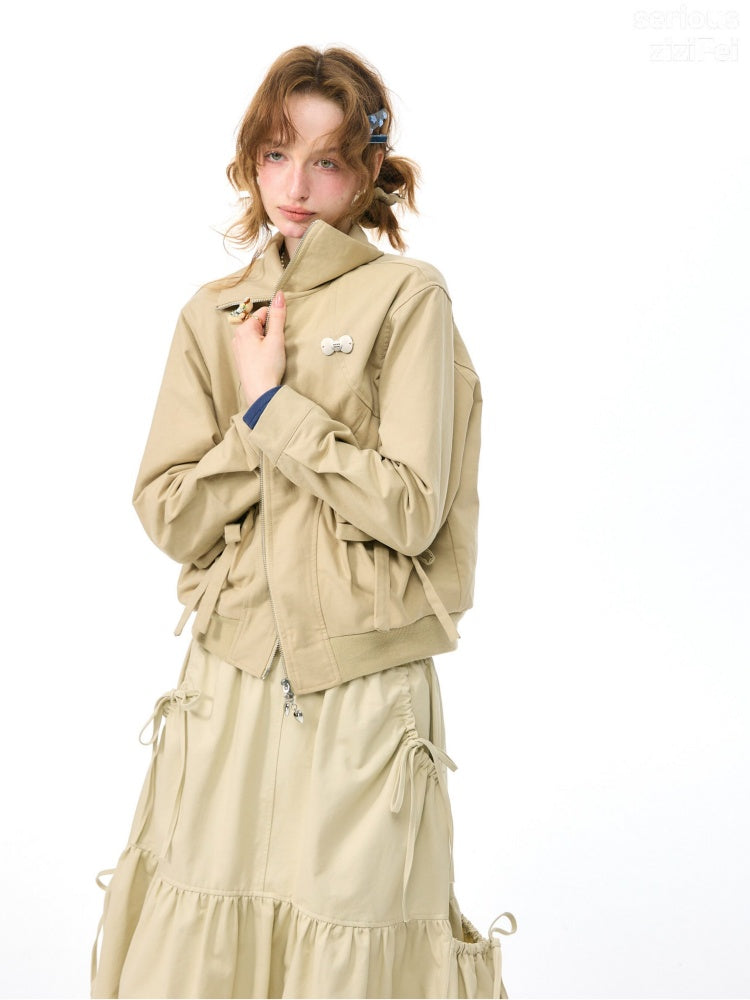 Vintage Khaki Cropped Slim Collar Workwear Jacket【s0000018425】