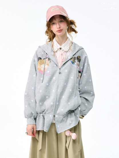 Polka Dot Heart Cute Cat Light Gray Zipper Hoodie Jacket【s0000018426】
