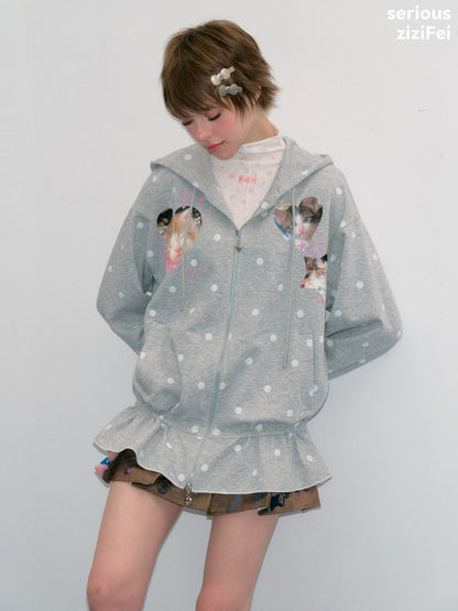 Polka Dot Heart Cute Cat Light Gray Zipper Hoodie Jacket【s0000018426】