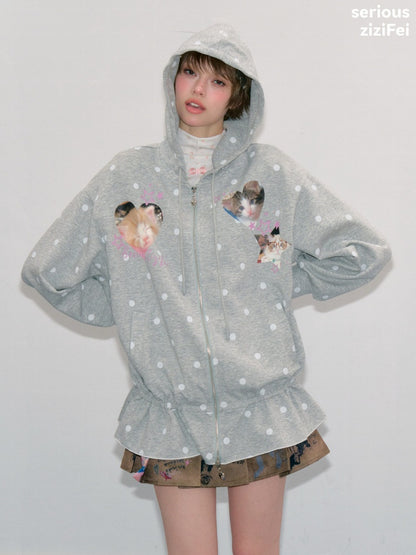 Polka Dot Heart Cute Cat Light Gray Zipper Hoodie Jacket【s0000018426】