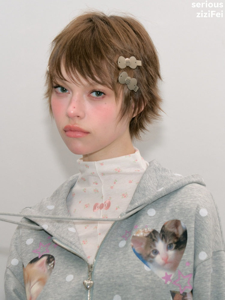 Polka Dot Heart Cute Cat Light Gray Zipper Hoodie Jacket【s0000018426】