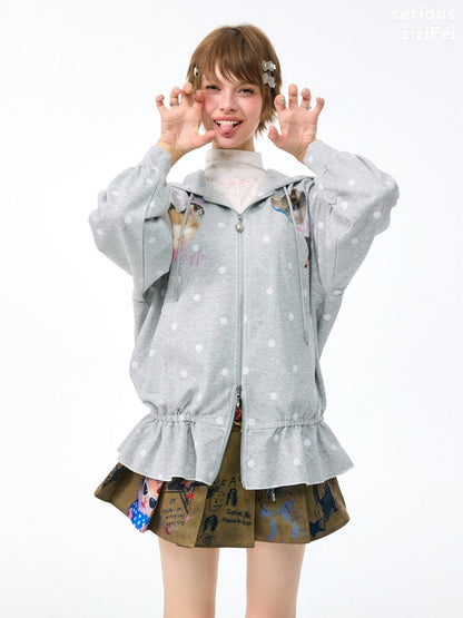 Polka Dot Heart Cute Cat Light Gray Zipper Hoodie Jacket【s0000018426】