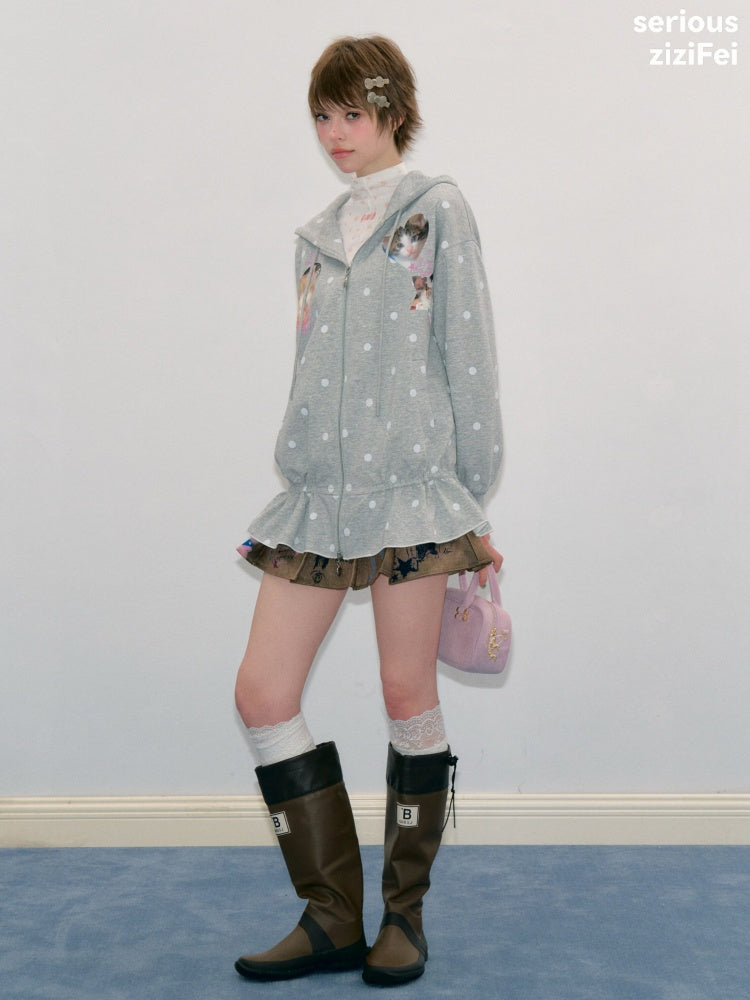 Polka Dot Heart Cute Cat Light Gray Zipper Hoodie Jacket【s0000018426】