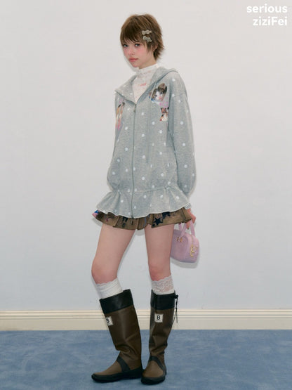 Polka Dot Heart Cute Cat Light Gray Zipper Hoodie Jacket【s0000018426】