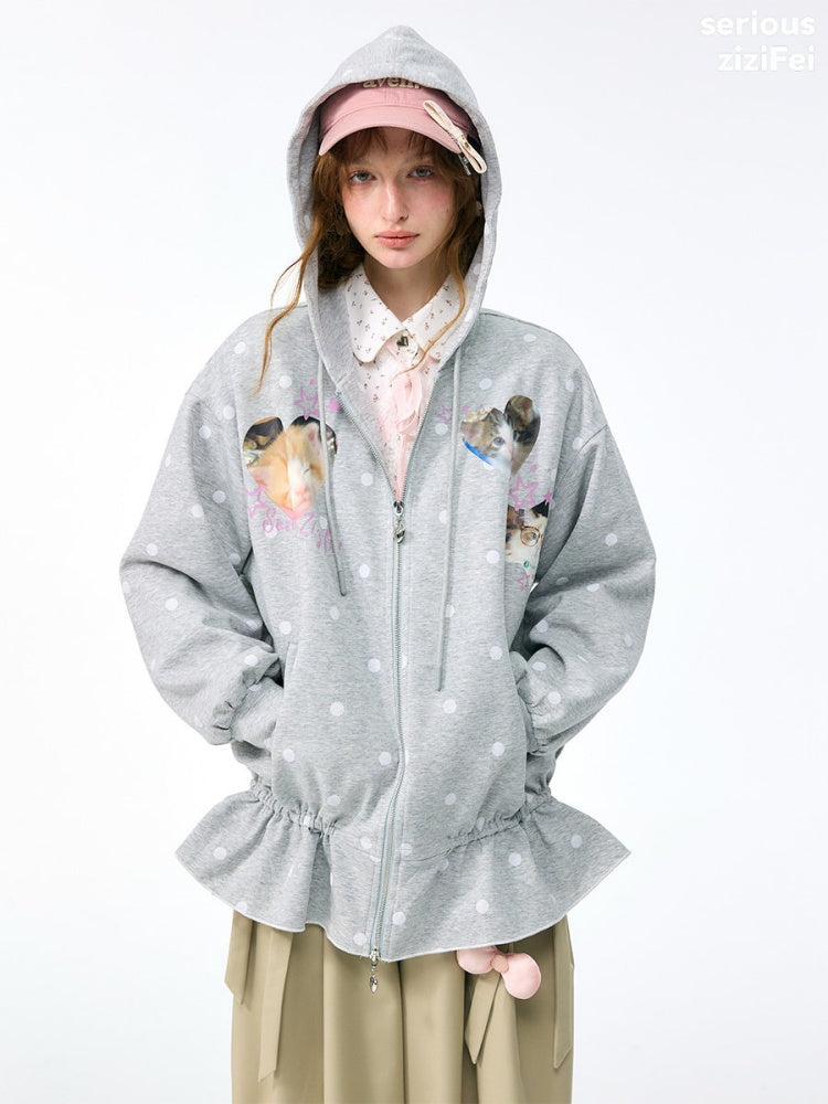 Polka Dot Heart Cute Cat Light Gray Zipper Hoodie Jacket【s0000018426】