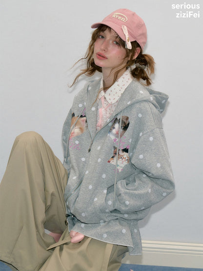 Polka Dot Heart Cute Cat Light Gray Zipper Hoodie Jacket【s0000018426】