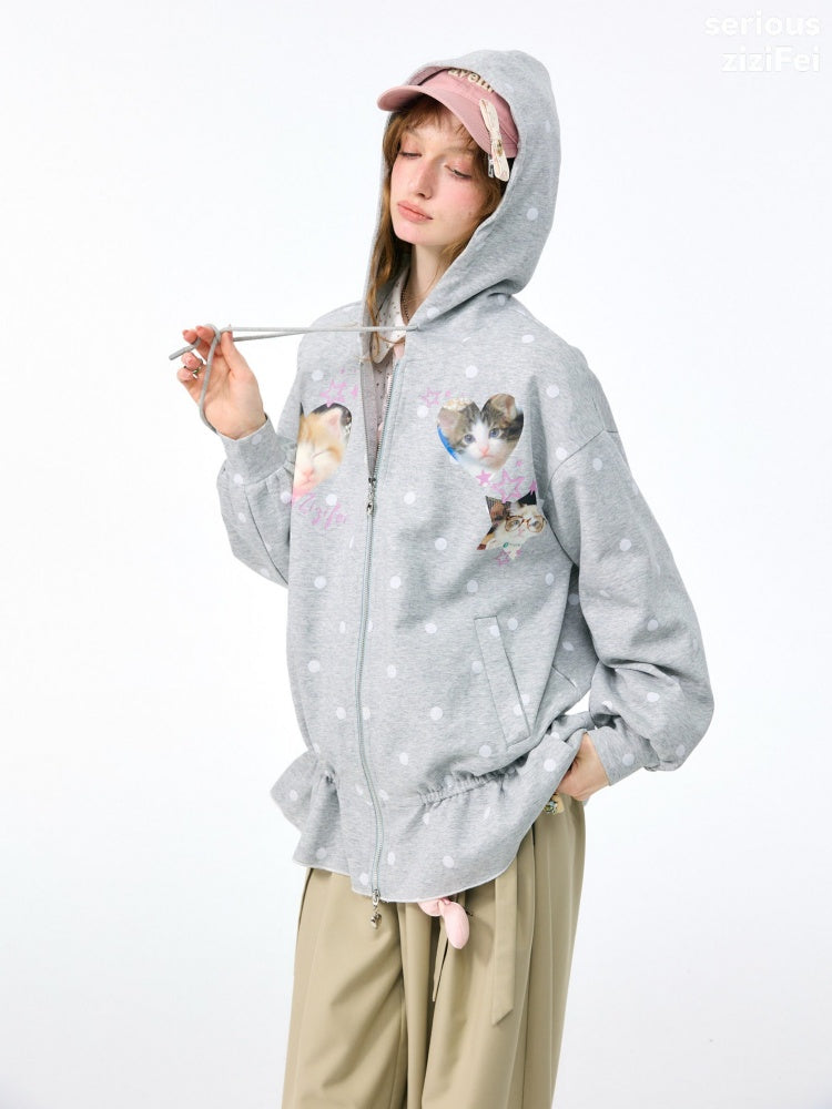 Polka Dot Heart Cute Cat Light Gray Zipper Hoodie Jacket【s0000018426】