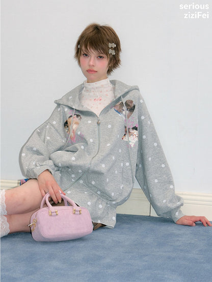 Polka Dot Heart Cute Cat Light Gray Zipper Hoodie Jacket【s0000018426】