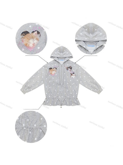 Polka Dot Heart Cute Cat Light Gray Zipper Hoodie Jacket【s0000018426】