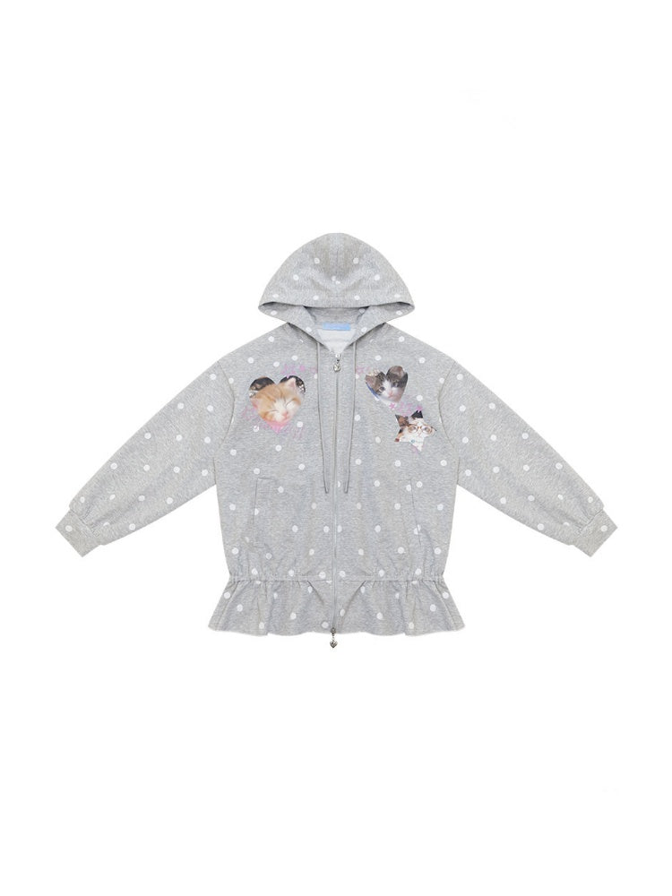 Polka Dot Heart Cute Cat Light Gray Zipper Hoodie Jacket【s0000018426】