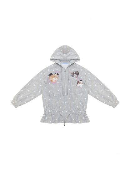 Polka Dot Heart Cute Cat Light Gray Zipper Hoodie Jacket【s0000018426】
