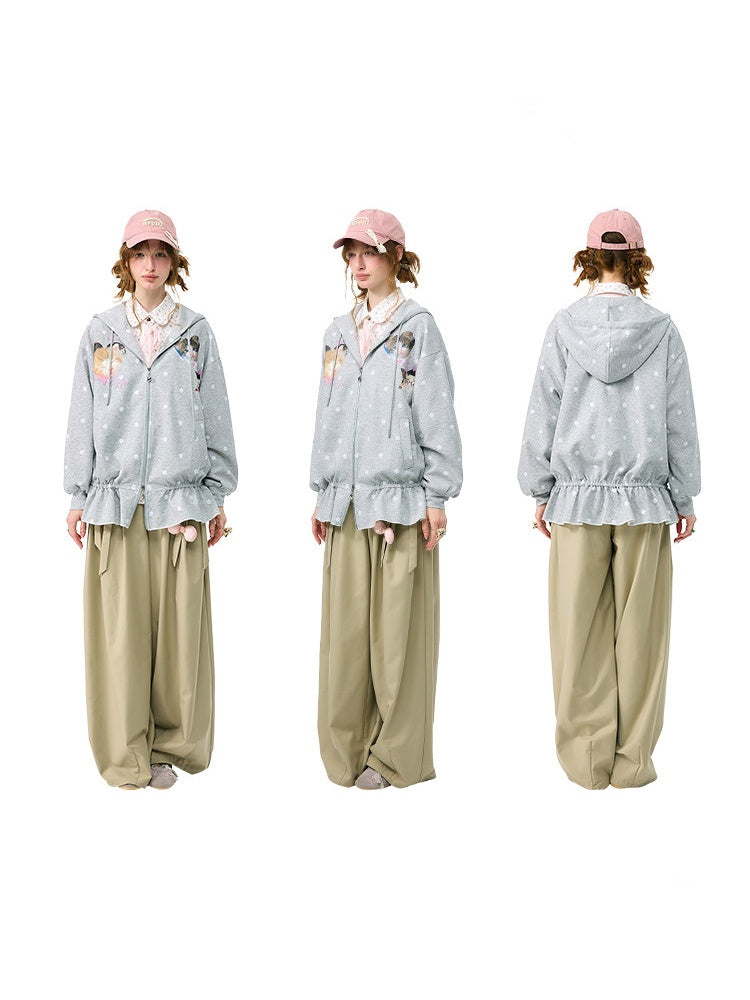 Polka Dot Heart Cute Cat Light Gray Zipper Hoodie Jacket【s0000018426】