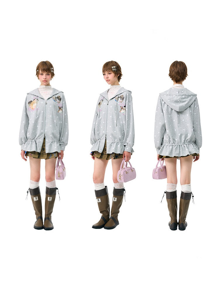 Polka Dot Heart Cute Cat Light Gray Zipper Hoodie Jacket【s0000018426】