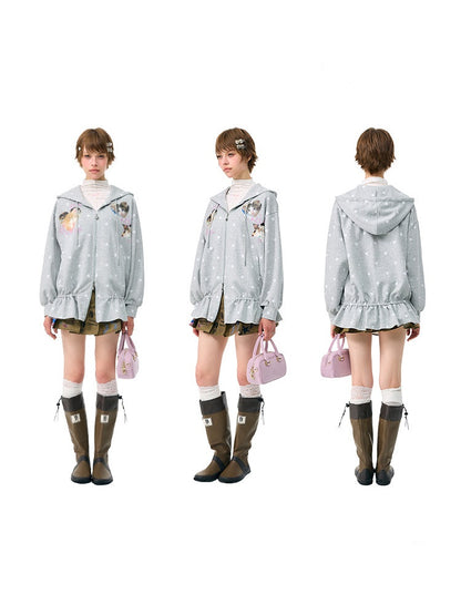 Polka Dot Heart Cute Cat Light Gray Zipper Hoodie Jacket【s0000018426】