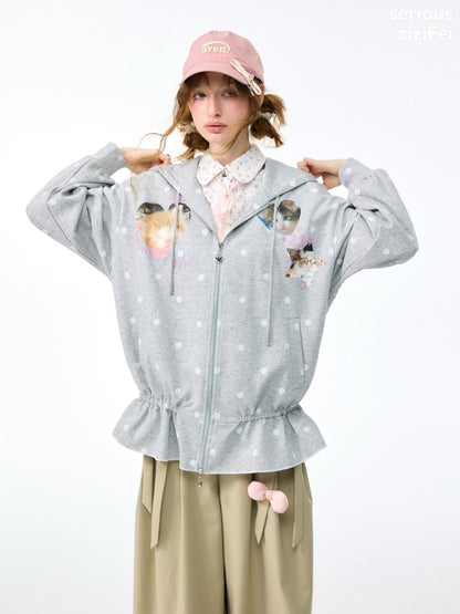 Polka Dot Heart Cute Cat Light Gray Zipper Hoodie Jacket【s0000018426】
