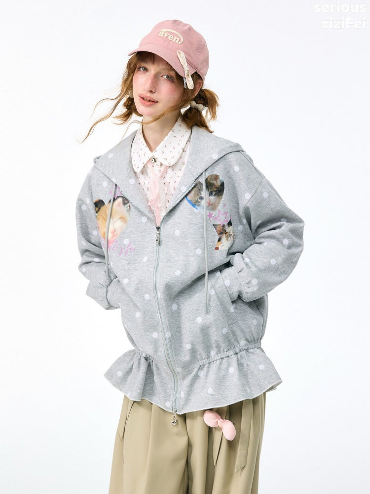 Polka Dot Heart Cute Cat Light Gray Zipper Hoodie Jacket【s0000018426】