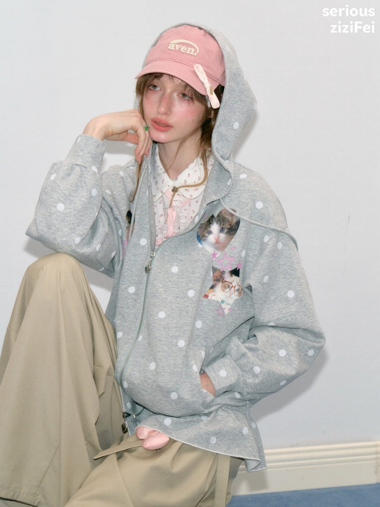 Polka Dot Heart Cute Cat Light Gray Zipper Hoodie Jacket【s0000018426】