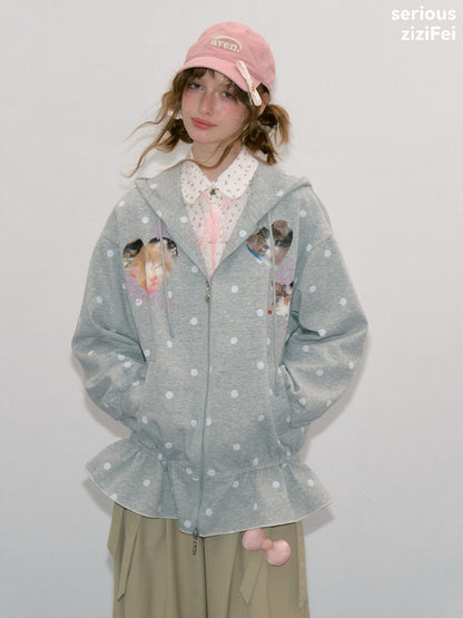 Polka Dot Heart Cute Cat Light Gray Zipper Hoodie Jacket【s0000018426】