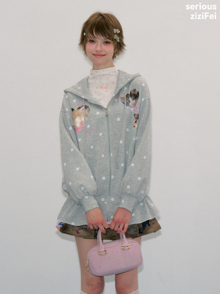 Polka Dot Heart Cute Cat Light Gray Zipper Hoodie Jacket【s0000018426】