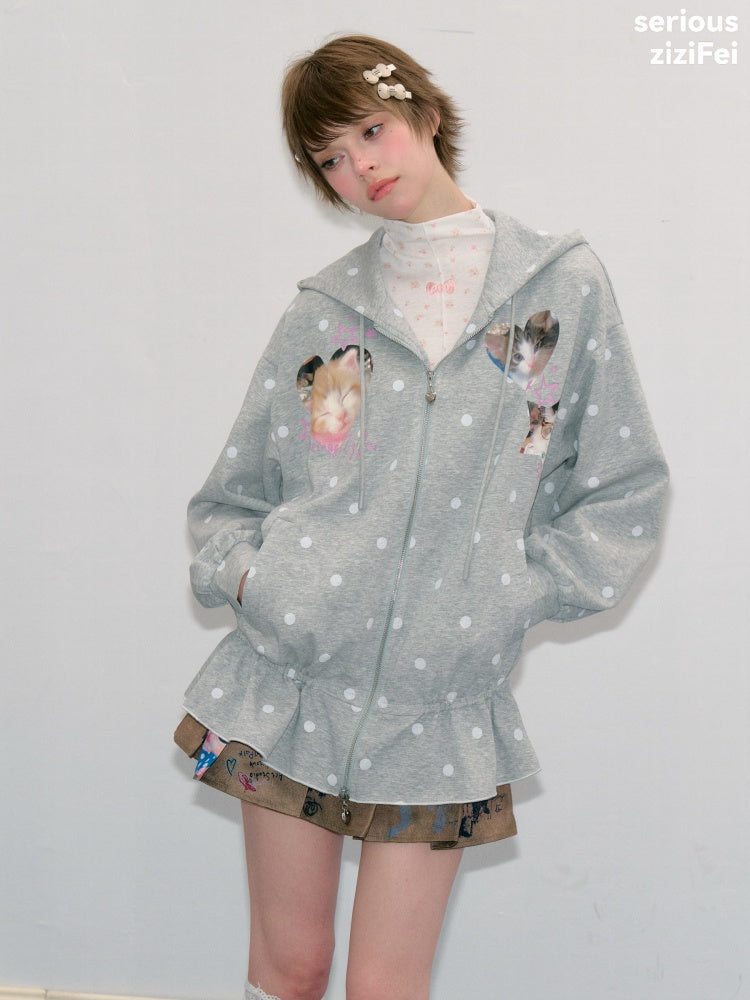 Polka Dot Heart Cute Cat Light Gray Zipper Hoodie Jacket【s0000018426】