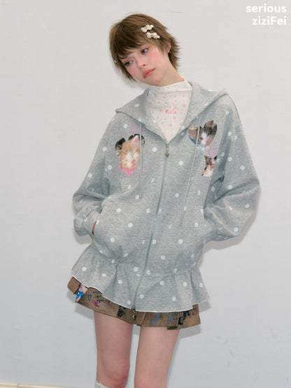 Polka Dot Heart Cute Cat Light Gray Zipper Hoodie Jacket【s0000018426】