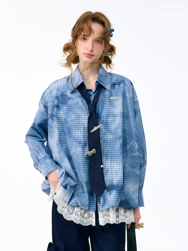 Watery Blue Plaid Lace Hem Slimming Shirt【s0000018428】