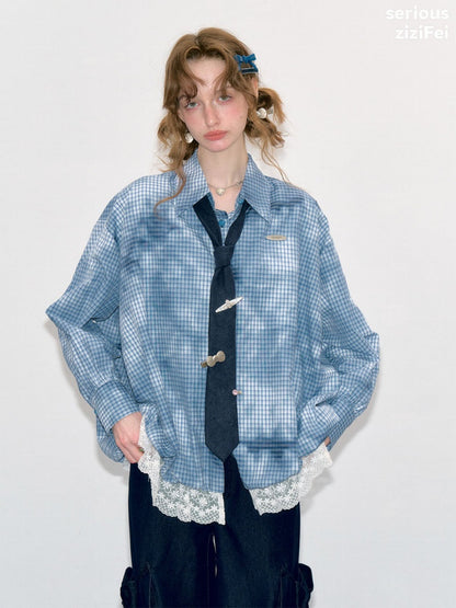Watery Blue Plaid Lace Hem Slimming Shirt【s0000018428】