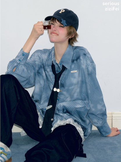 Watery Blue Plaid Lace Hem Slimming Shirt【s0000018428】