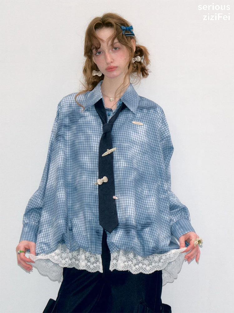 Watery Blue Plaid Lace Hem Slimming Shirt【s0000018428】