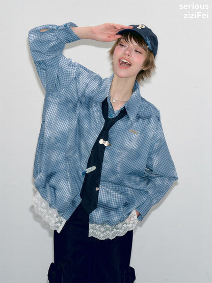Watery Blue Plaid Lace Hem Slimming Shirt【s0000018428】