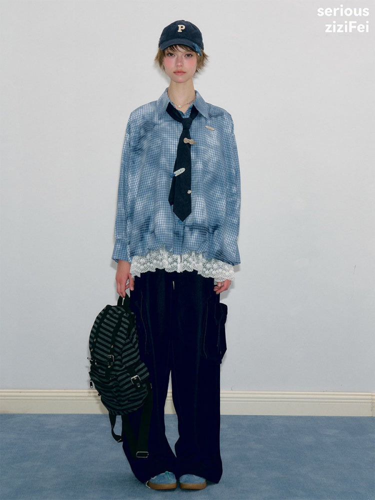 Watery Blue Plaid Lace Hem Slimming Shirt【s0000018428】