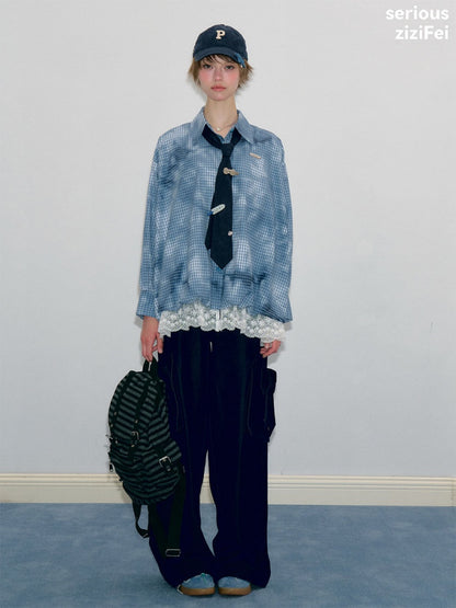 Watery Blue Plaid Lace Hem Slimming Shirt【s0000018428】