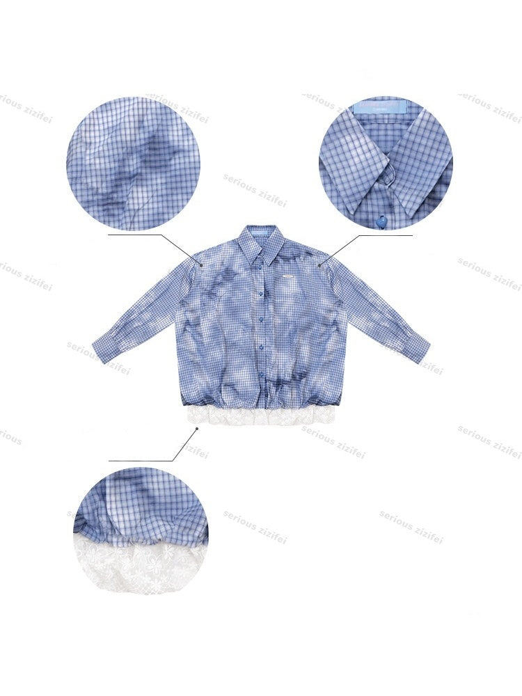 Watery Blue Plaid Lace Hem Slimming Shirt【s0000018428】