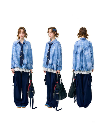 Watery Blue Plaid Lace Hem Slimming Shirt【s0000018428】