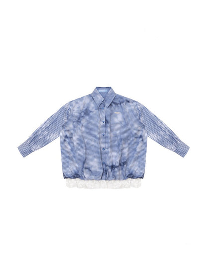 Watery Blue Plaid Lace Hem Slimming Shirt【s0000018428】