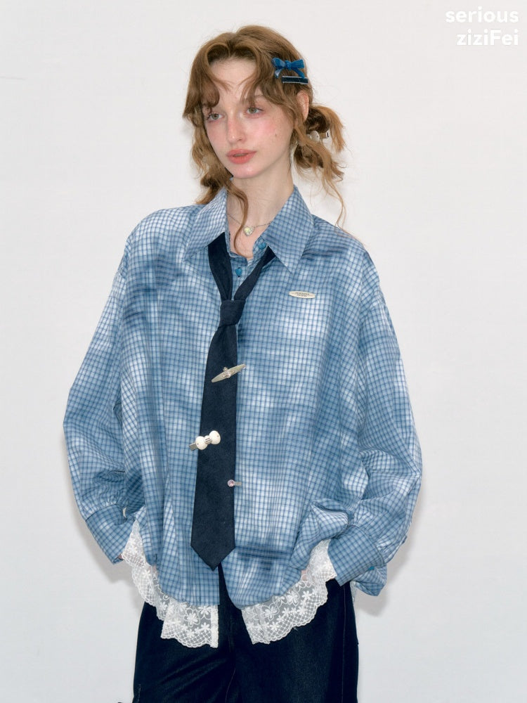 Watery Blue Plaid Lace Hem Slimming Shirt【s0000018428】
