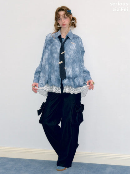 Watery Blue Plaid Lace Hem Slimming Shirt【s0000018428】