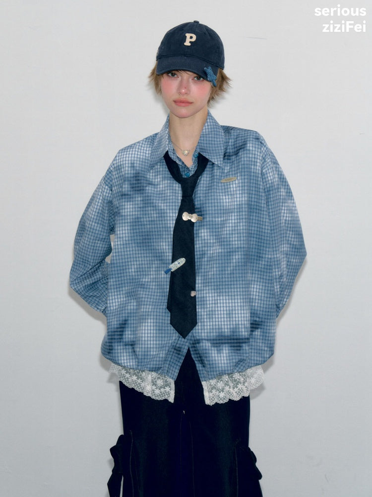 Watery Blue Plaid Lace Hem Slimming Shirt【s0000018428】